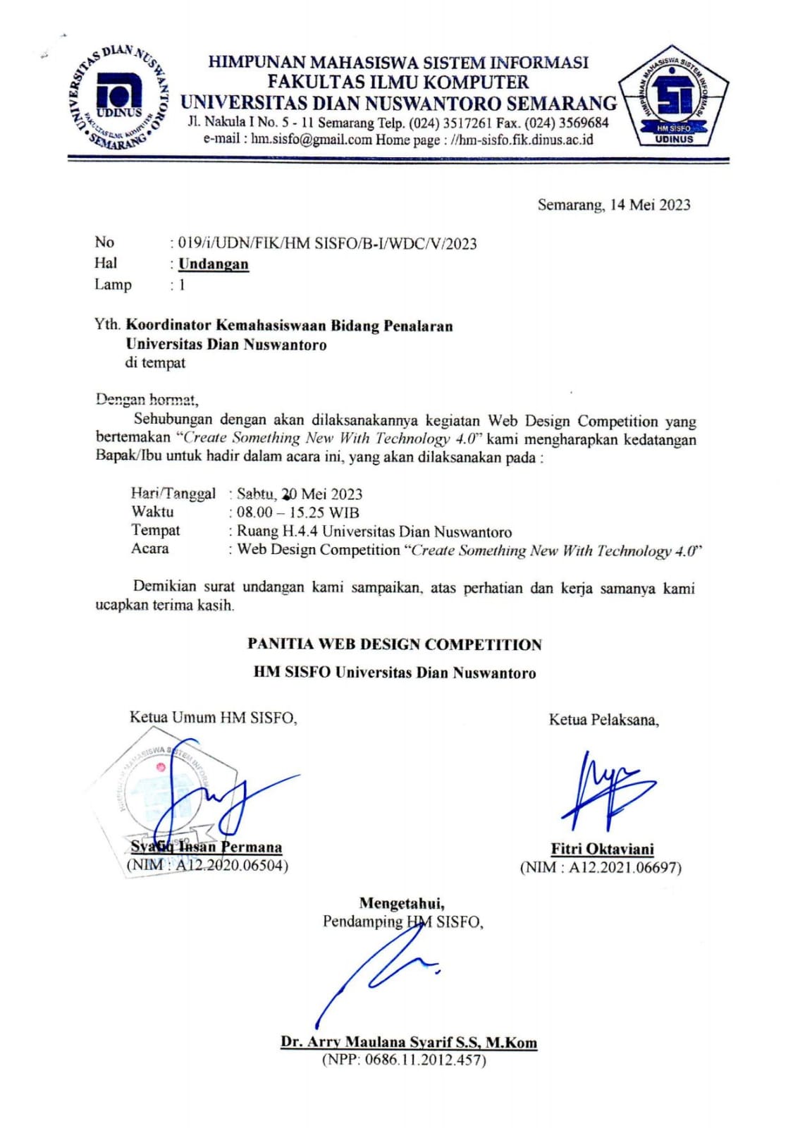 Surat Undangan Koordinator Kemahasiswaan Bidang Penalaran Universitas Dian Nuswantoro